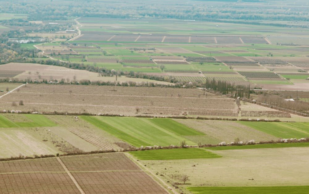 Aerial view showcasing vast farmlands with mountains in the background.